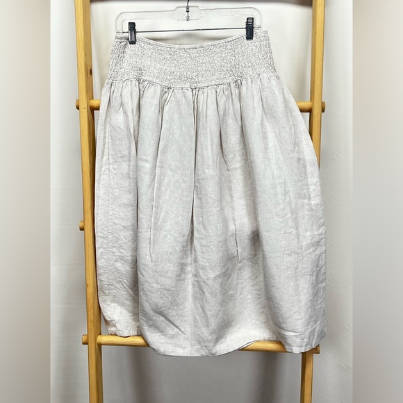 RACHEL ASHWELL Khaki 💯 Linen smocked waist full skirt size L - Picture 4 of 8